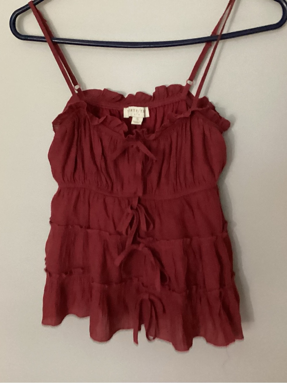 Ruched Ruffle Spaghetti-Strap Camisole in Brick Red by Thirty7